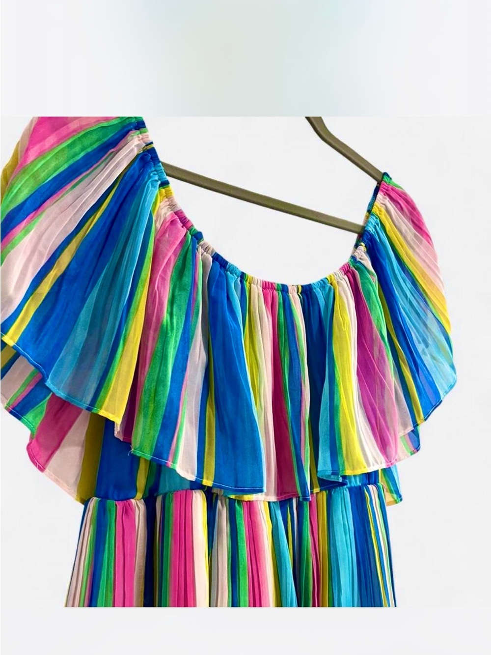 Lulus Gala Ready Multi Stripe Print Off-the-Shoulder Ruffle Midi Dress - Picture 11 of 12